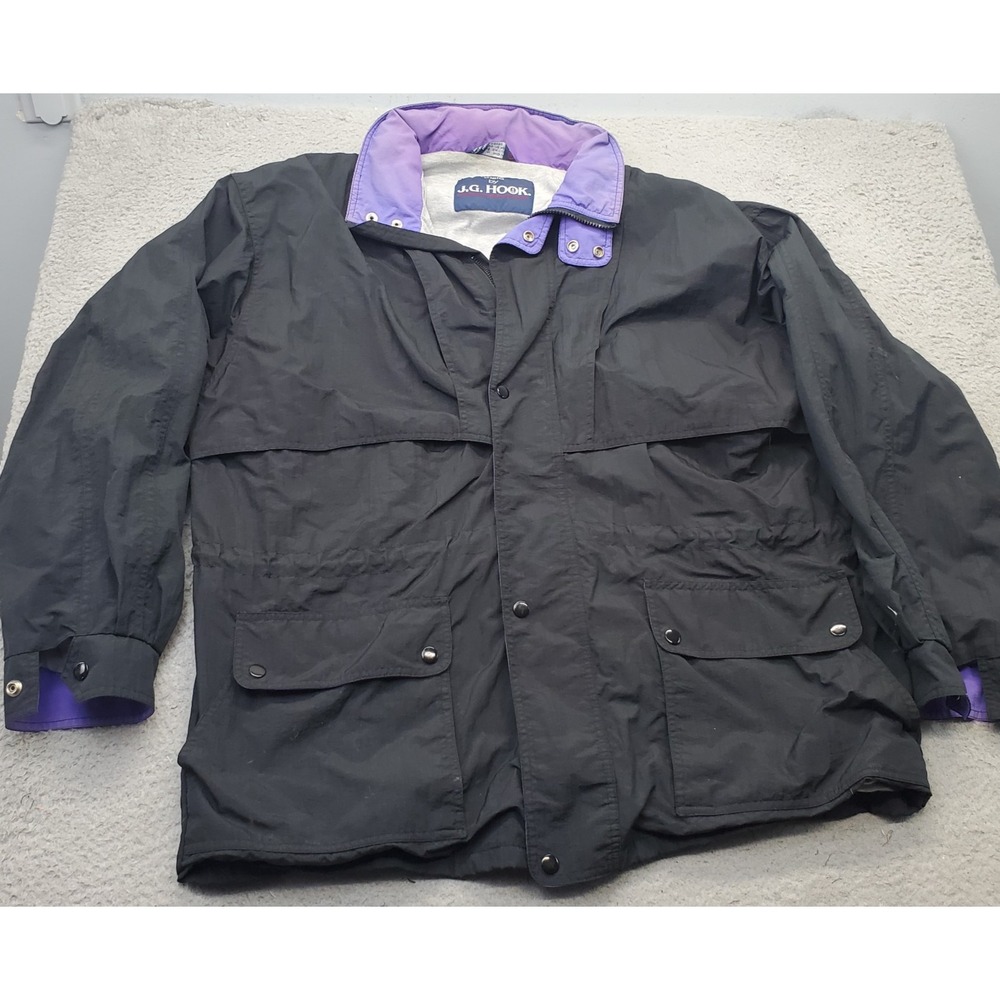 J.G. Hook Windbreaker Jacket Mens XL Black Nylon Water-Resistant Snap Inside Zip
